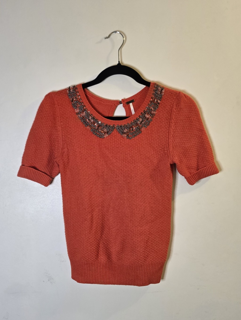 Free People Peter Pan Embellished Collar Short Sleeve Sweater Xs